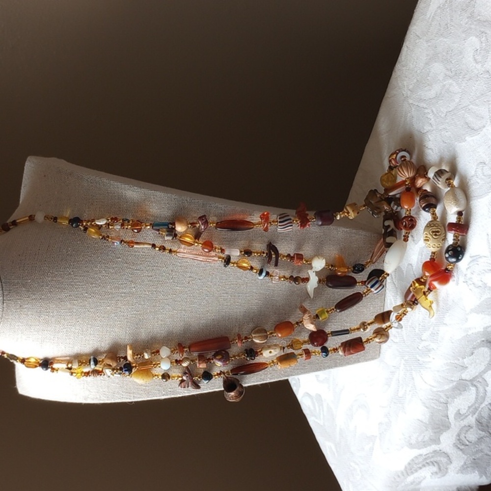 3 Strand Sterling animal Fetish zeebead Multi ethnic Gemstone 32 In Necklace